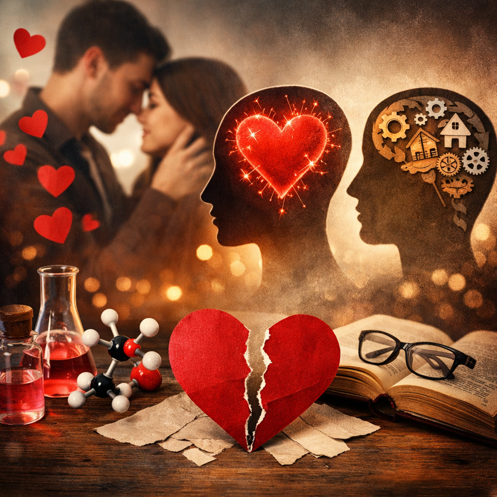 Ilustración sobre la diferencia entre amor y enamoramiento con representación del cerebro, el corazón y la química del flechazo