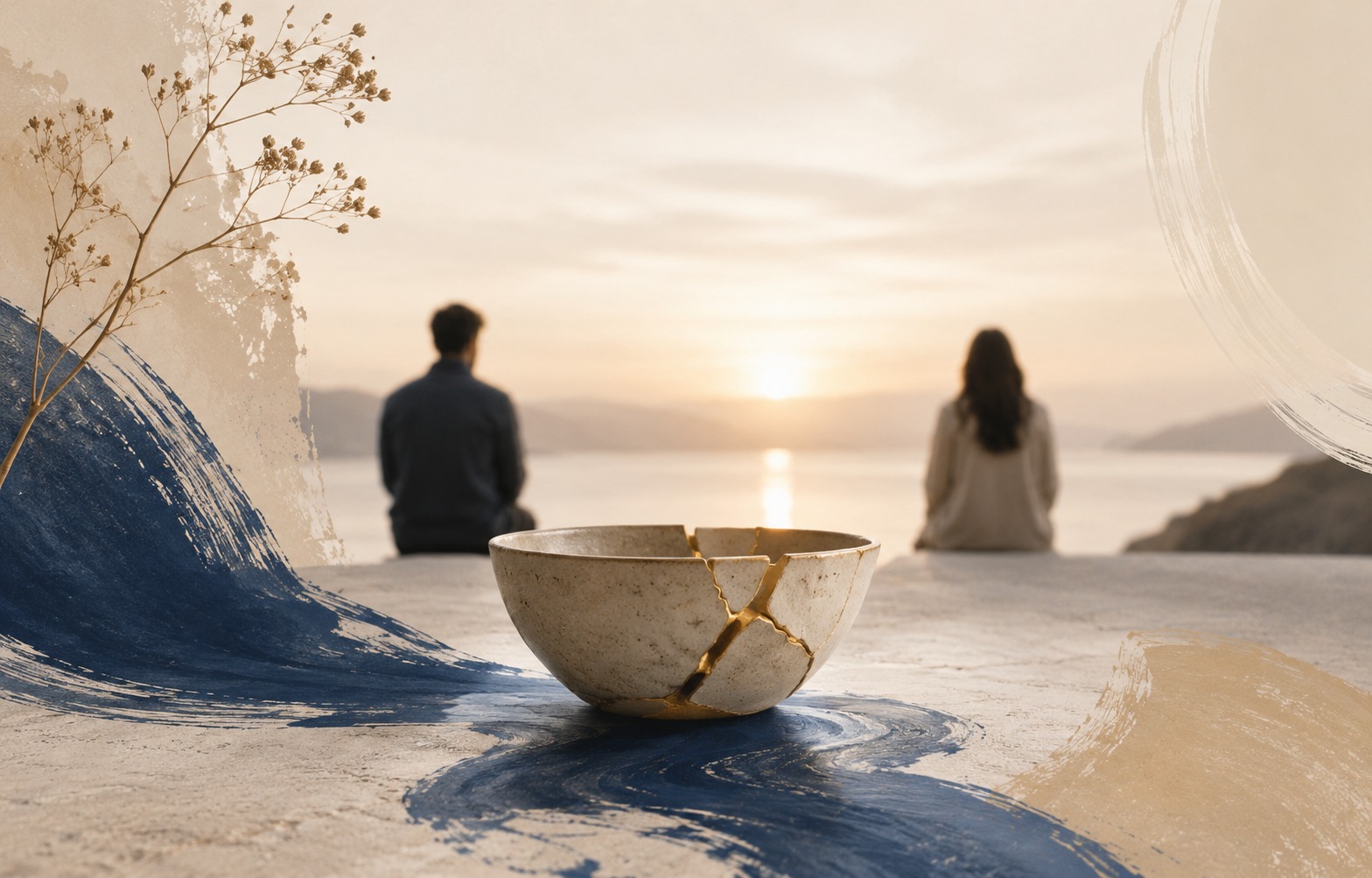 Segundas oportunidades en pareja Cuenco de cerámica reparado con grietas visibles en una escena serena con tonos piedra y pinceladas azul profundo, simbolizando la reconstrucción de una relación tras una crisis de pareja.