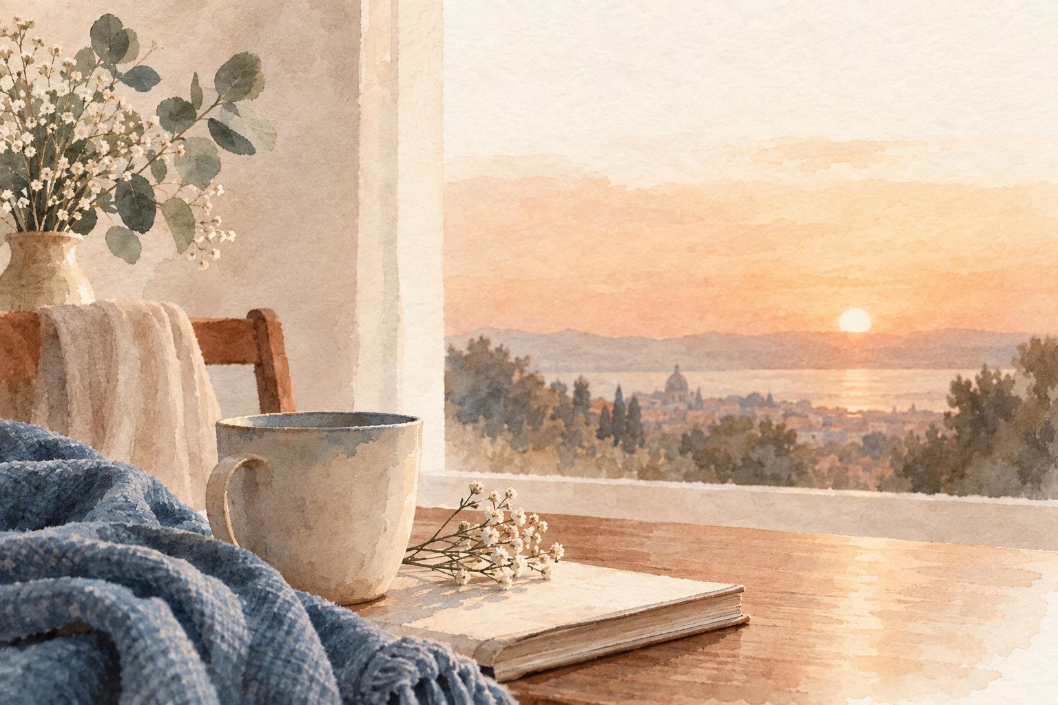 Ilustración en acuarela de una taza y un libro junto a una ventana al atardecer, evocando el duelo y la pérdida de la pareja.