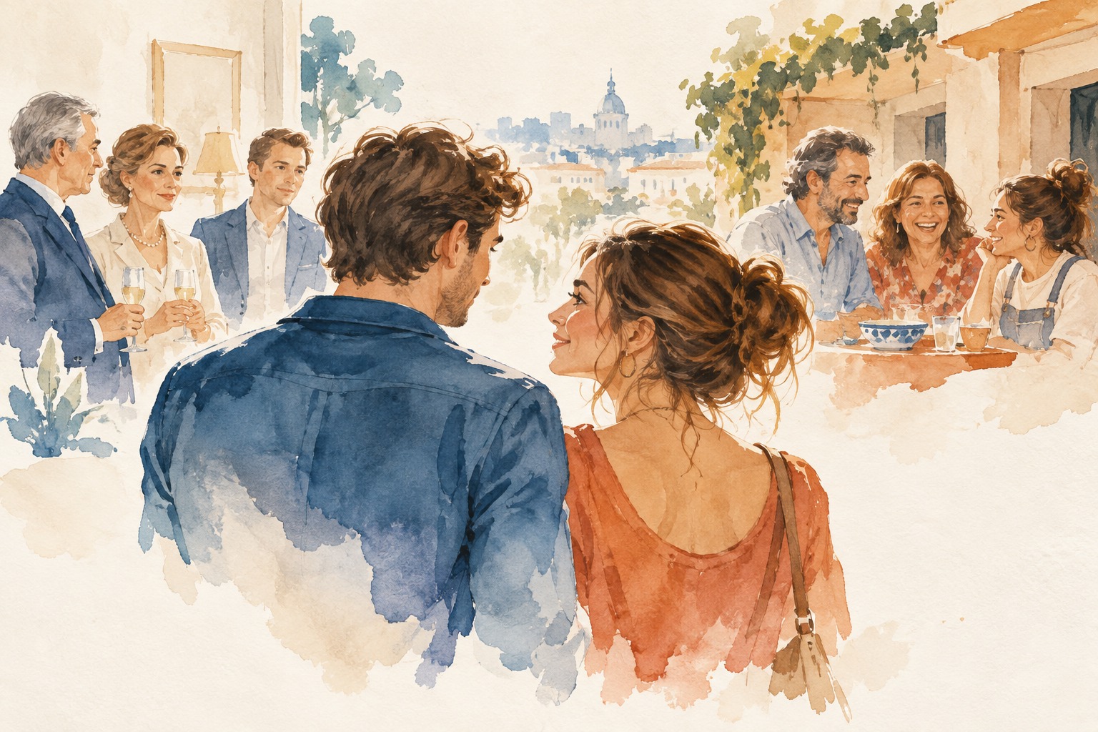 Presión social y elección de pareja Ilustración en acuarela de una pareja entre dos familias de estilos sociales diferentes, símbolo de la influencia del entorno en la elección de pareja.