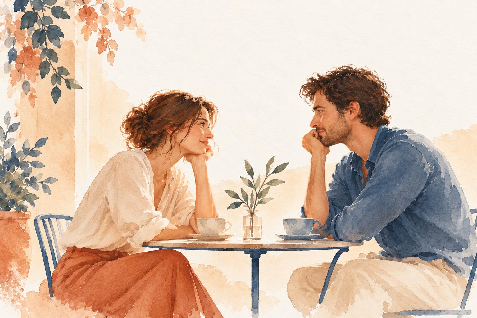 pareja conversando y mirandose durante una cita, ilustracion en acuarela