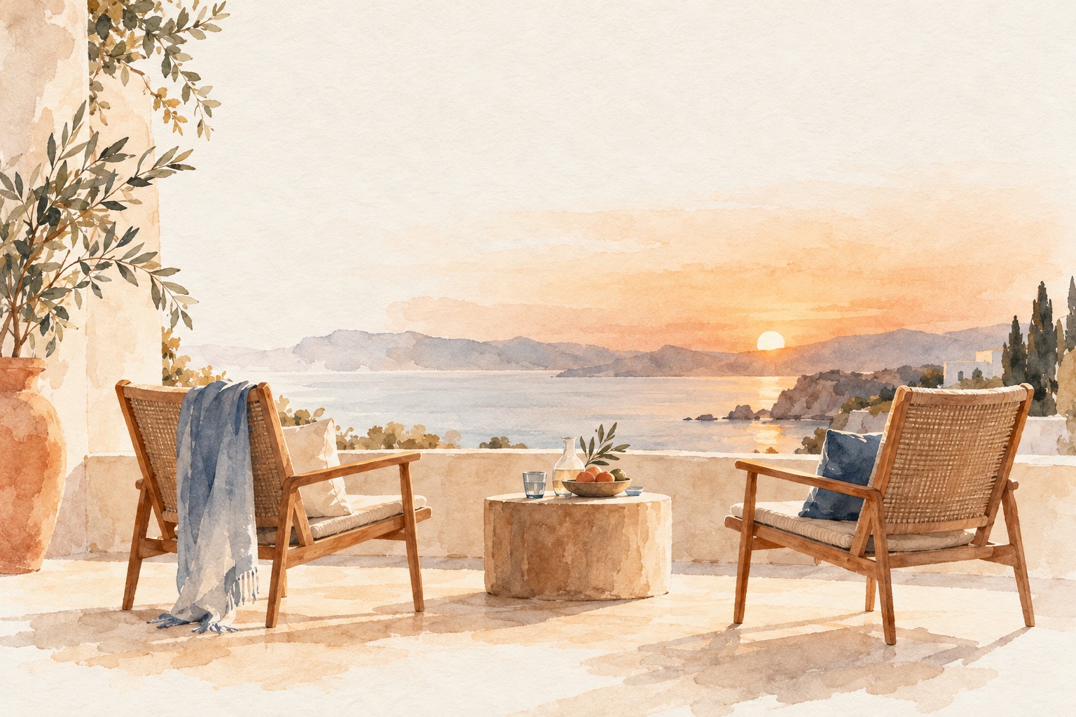 Ilustración en acuarela de dos sillas separadas frente al mar al atardecer, símbolo de distancia emocional en la pareja durante las vacaciones.